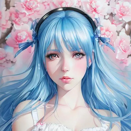 majestic anime girl,blue hair,blue eyes,beautiful,watercolor drawing by  Subaru_sama