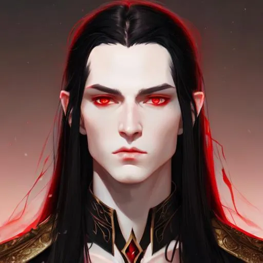 Male with long black hair, pale skin and red eyes, e... | OpenArt
