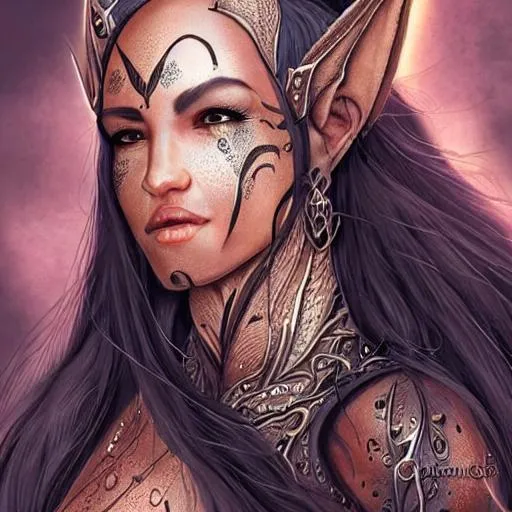 Prompt: Elven woman with black skin, bald, copper  dragon scales on skin, character illustration, high detail, DnD, realism, realistic
