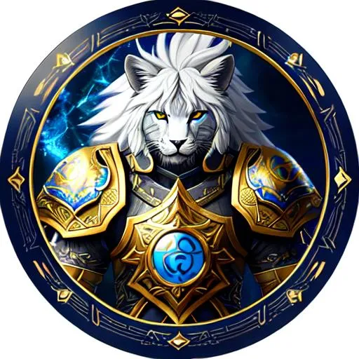 Prompt: A grey leonin with a yellow eye and a blue eye, plate armor with gold embellishments, runic symbols engraved, 