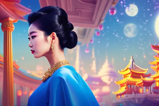 Prompt: head-on, surreal cartoon, high fashionista pose, glossy, walking toward viewer, stunning Korean queen with hair pulled back into a bun, she is dressed like a summer queen, dramatic jewelry, statement necklace, background is architecture lit by the moon,  trending on artstation