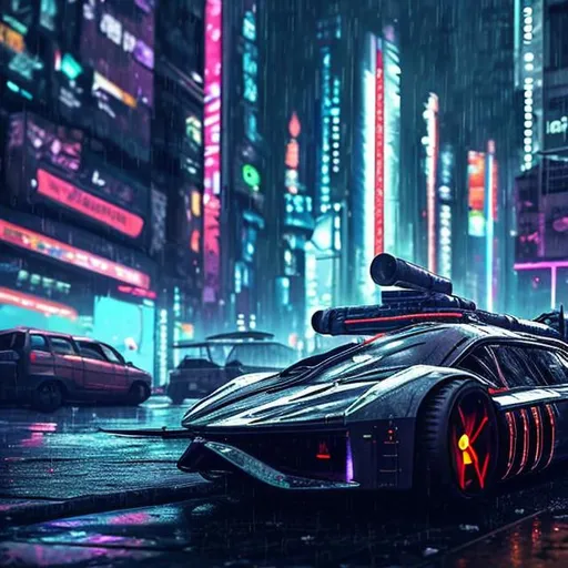 Prompt: Cyberpunk car with double turbine and rockets in rainy city