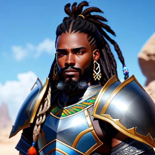 Prompt: High quality, African Warrior, dark grey dreadlock hair, intricate warfare armor, facial hair, intricate detail, blue sky, colorful ambient, full Body, broad nose, high check bone, hyper realistic, HDR, Artstation.