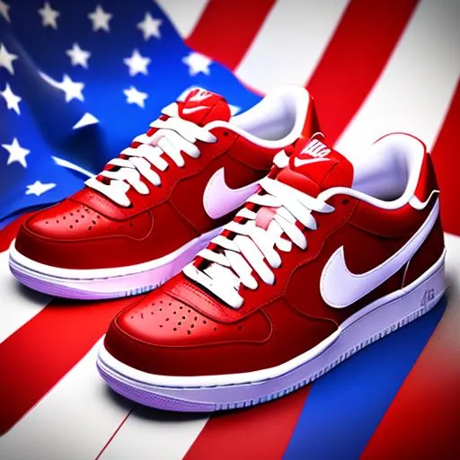 Prompt: pair of shoes made of (red, white, blue),3d render, bright colours, clean composition, beautiful artwork, nike logo, fourth of july, telegram sticker, videogame asset, asset store, recolored, western town background, (patriotic american flag), 