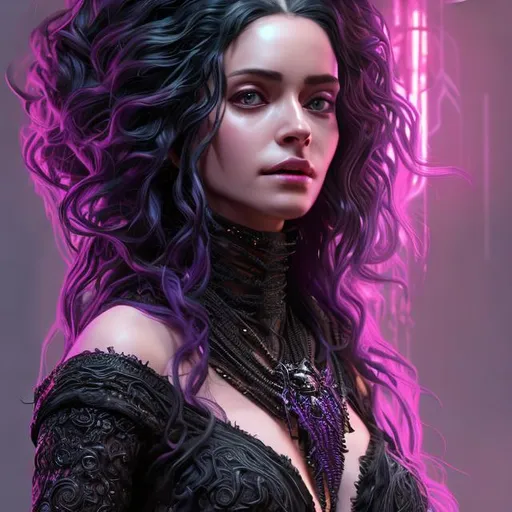 Prompt: A hyper realistic detailed full body image of a sitting feminine ((sexy woman)) who has ((glowing purple in eyes)), ((black in hair)) with ((sexy outfit)) with a plunging neckline, jewelry set, balayage wild hair, throne, highly detailed, digital painting, Trending on artstation, HD quality, ((Yennefer)), ((by Prywinko)), ((huge breast)), ((sexy)),