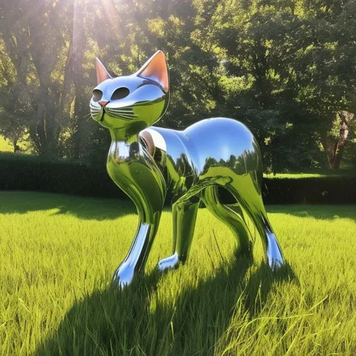 Prompt: cat made of metal shining in the summer sun in the grass