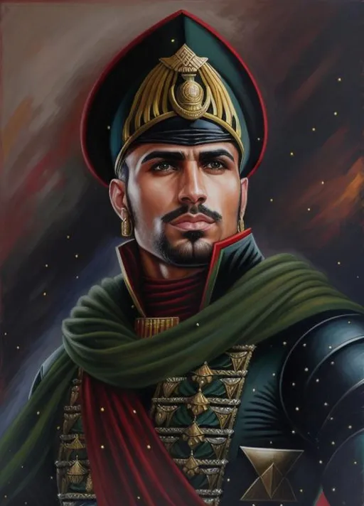 Prompt: realistic heavily muscular Gigachad warhammer 40k Arabian Commissar with trimmed goatee, detailed symmetrical eyes, symmetrical face WEARING A SHORT HAT