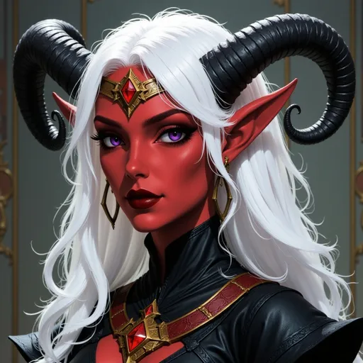 Prompt:  @p2CZMES7VK5y7B1QsEFp white hair, large crown, lots of jewelry, horns curved down, black clothes, coronation