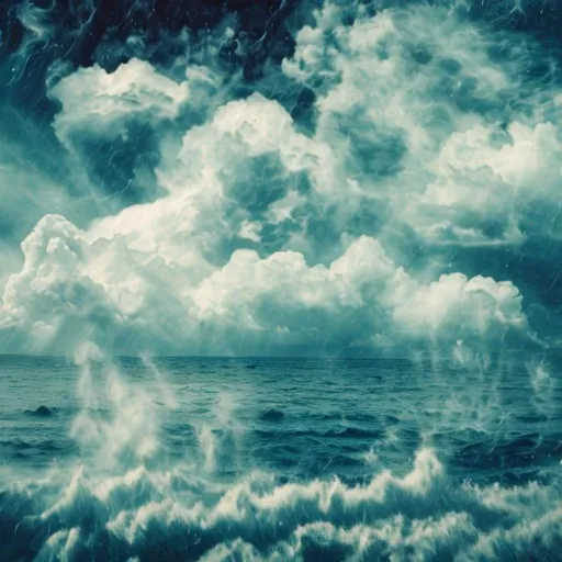 Prompt: Hidden faces, clouds, sea, horses