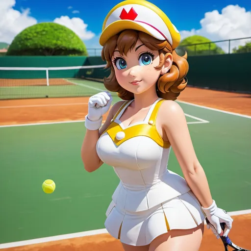 Prompt: day, tennis court background, female, Princess Daisy, super mario, anime style, solo focus, curvy figure, looking at viewer, dynamic position