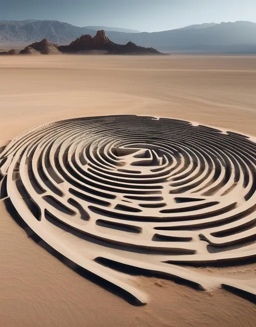 Prompt: A stunning minimalist land art image of a spiraling rock labyrinth outline in the desert, shot from above with the winding path leading toward the towering mountains. 