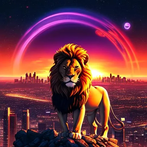 Prompt: a lion on a peak overlooking a sci-fi city during a synth wave style sunset reflecting off of the city scape with planets in background