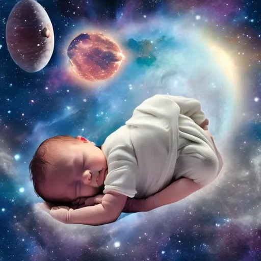 Prompt: a baby in space in the fetal position sleeping in the arms of god 

