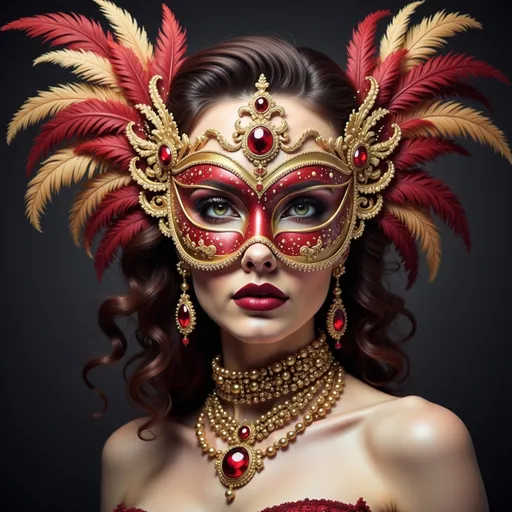 Prompt: Draped in opulence, a striking woman wears a lavish red and gold masquerade mask adorned with intricate patterns and vibrant feathers that cascade elegantly from the sides. Her dark, flowing hair frames her face, with soft waves enhancing the dramatic look, while her piercing gaze, accentuated by deep red lips and sultry eye makeup, hints at mystery and allure. She is adorned with a matching jeweled necklace and earrings that glimmer against her bare shoulders, contributing to the overall grandeur of her appearance. Set against a dark backdrop, the image exudes an air of sophistication and enchantment, evoking the excitement and allure of a masked ball. The warm tones and carefully arranged elements evoke a rich narrative of elegance and intrigue, drawing the viewer into a world of celebration and hidden identities.