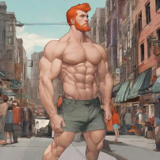 Prompt:  80000-foot-tall muscular handsome hung buff teenage superhuman wide thick 6000 redhead giant fills the town