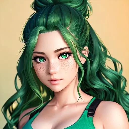 Prompt: extremely realistic, hyperdetailed, long green wavy hair in a messy bun anime girl, face full of freckles, mechanics, highly detailed face, highly detailed eyes, highly detailed body, full body, whole body visible, full character visible, soft lighting, high definition, ultra realistic, 2D drawing, 8K, digital art