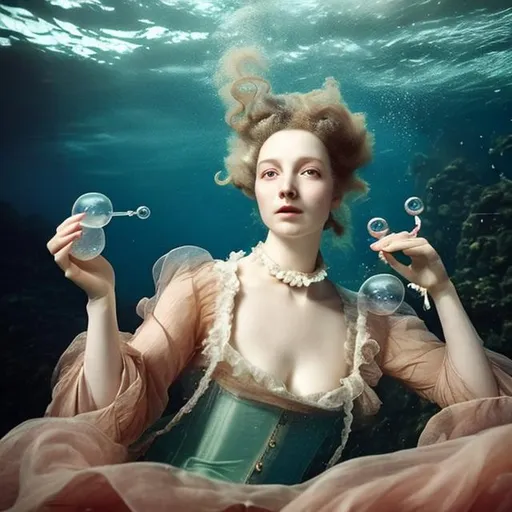 Prompt: woman in 18th century dress underwater having tea.  Hair, flowing fabric, bubbles.