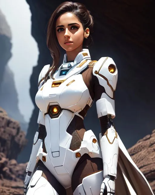 Prompt: Naomi Scott, 26 years old, white lace mech suit, sleeveless, determined, fierce, hero, dirty, cloak, dramatic, human, cinematic lighting, caustic, cave background, brown hair, brown eyes, battlefield, ethereal, jewelry set,beautiful, royal vibe, highly detailed, digital painting, Trending on artstation , HD quality, tan skin,artgerm, by Ilya Kuvshinov