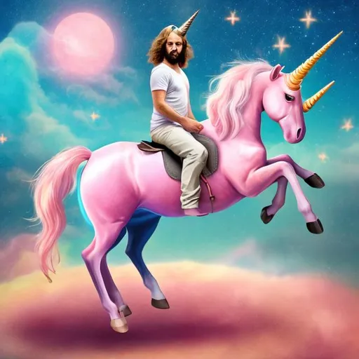 Prompt: a jew riding a pink unicorn
