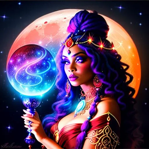 Prompt: A old moon witch, large nose, ((intricate bushy curlyblue multicolored hair)), (red filigree hair decoration), brown skin, ((long tattered red gown)), (holding a glowing moon) ethereal, luminous, fireflies, night sky, neon light trails, glowing, nebula, dark contrast, celestial, trails of light, sparkles, 3D lighting, celestial, gold filigree halo, soft light, vaporwave, fantasy