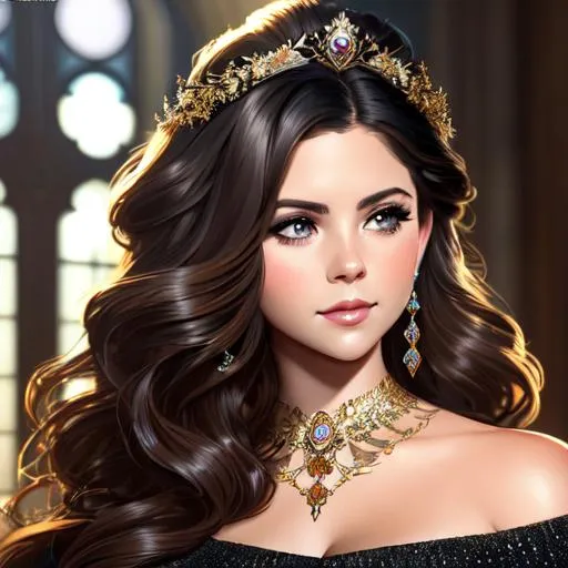 Prompt: a realistic lying down feminine elegant princess mix of Madisson Beer and Ashley Benson, with a black lace dress, jewelry set balayage wild hair, royal vibe, highly detailed, digital painting, Trending on artstation , HD quality, by artgerm and greg rutkowski and alphonse mucha, dramatic light