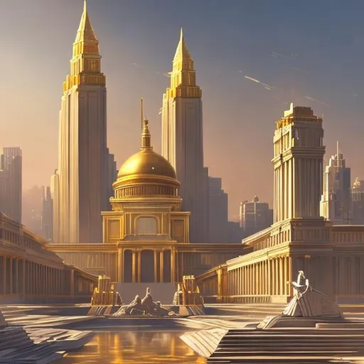 Prompt: Digital art, monumental, gold and white, futuristic sci-fi, Capital city of a futuristic Empire. Colossal, towering and grand gold-marble buildings surround the main square where a golden statue of a human resides. Palace shaped like a wave
