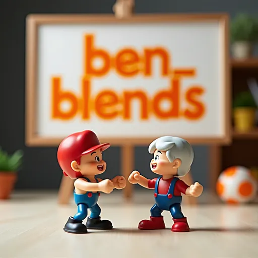 Prompt: on a sign in background are the words ("ben_blends") in orange paint, studio environment, high quality, sharp focus, two articulated hasbro toys fighting in the foreground