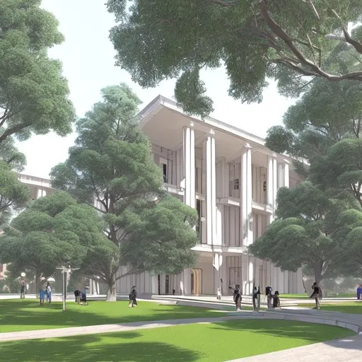 Prompt: University campus, big trees, evening lighting, detailed drawing style, big science building