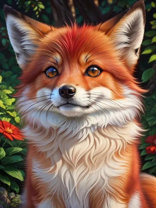 Prompt: (8k, masterpiece, oil painting, professional, UHD character, UHD background) Portrait of Vixey, Fox and Hound, close up, mid close up, brilliant red fur, brilliant amber eyes, big sharp 8k eyes, sweetly peacefully smiling, detailed smiling face, extremely beautiful, alert, curious, surprised, cute fangs, enchanted garden, vibrant flowers, vivid colors, lively colors, vibrant, high saturation colors, open mouth, uv face, uwu face, flower wreath, detailed smiling face, highly detailed fur, highly detailed eyes, highly detailed defined face, highly detailed defined furry legs, highly detailed background, full body focus, UHD, HDR, highly detailed, golden ratio, perfect composition, symmetric, 64k, Kentaro Miura, Yuino Chiri, intricate detail, intricately detailed face, intricate facial detail, highly detailed fur, intricately detailed mouth