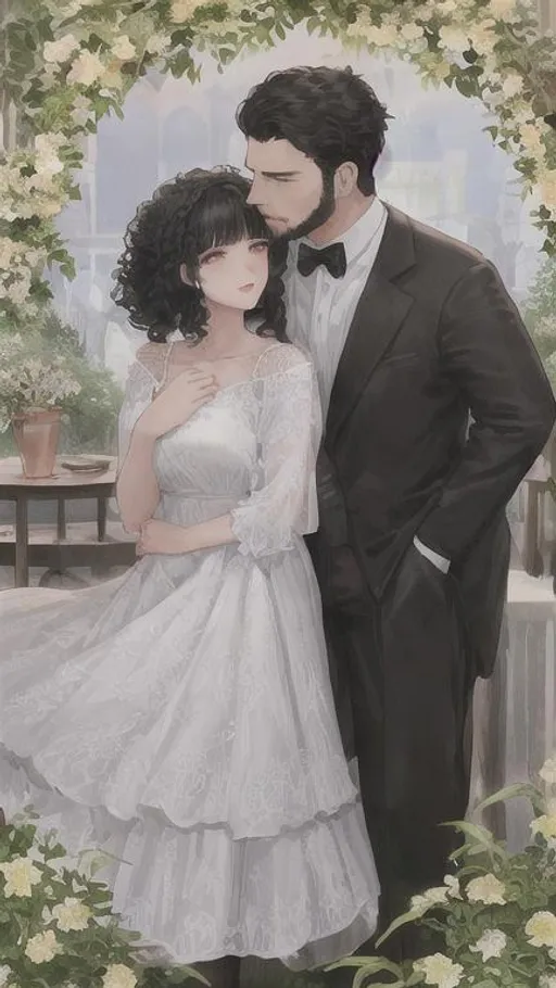 Prompt: Woman in white dress, curly black hair, hugging, burly young man, short curly black hair, light beard, black round eyes, black tuxedo, one ear piercing on each ear, garden setting 