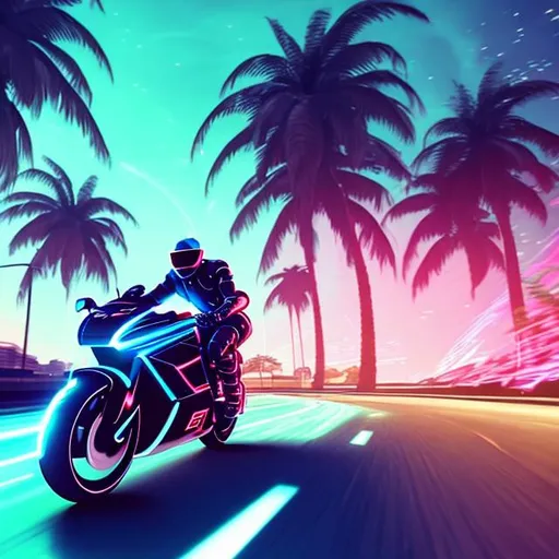 Prompt: A futuristic motorcycle in motion, glowing, neon, retrowave, palm trees, sun in backround