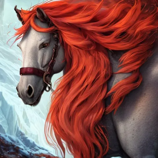 Prompt: square jaw warrier with red mane of fire and icy eyes with horse