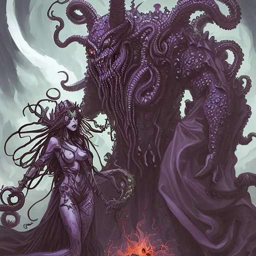 Prompt: lovecraftian demon queen and king behemoth