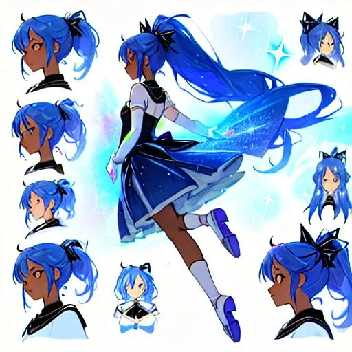 Prompt: A character sheet of an anime magical girl with  hair and dark skin, long hair, covered in stars. blue accents on outfit. holding a wand Concept Art. puffy skirt. ballet inspired. Madoka magica inspired. reference sheet, different expressions,  different poses, concept sheet, side profile, back proflie, beautiful face, ponytail, highly detailed, clear face and body