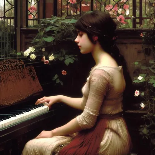Prompt: Woman playing piano, lover in love with her talent, perfect composition, super detailed, 8k, high quality, sharp focus, studio photo, intricate details, highly detailed, oil painting by John William Waterhouse 