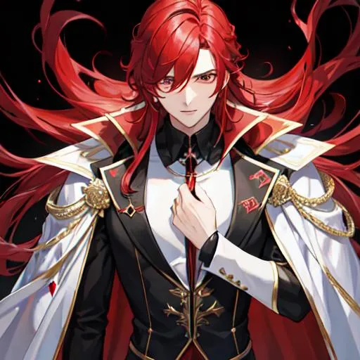 Prompt: Zerif 1male (Red side-swept hair covering his right eye) wearing a black royal suit, white cape, 