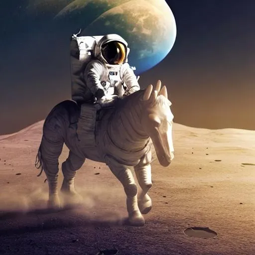 Prompt: astronaut riding a unicorn on the moon with the earth in the background hyperrealistic masterpiece, golden ratio, cinematic, composition, beautiful lighting, hyper detailed, octane render, 4 k, unreal engine