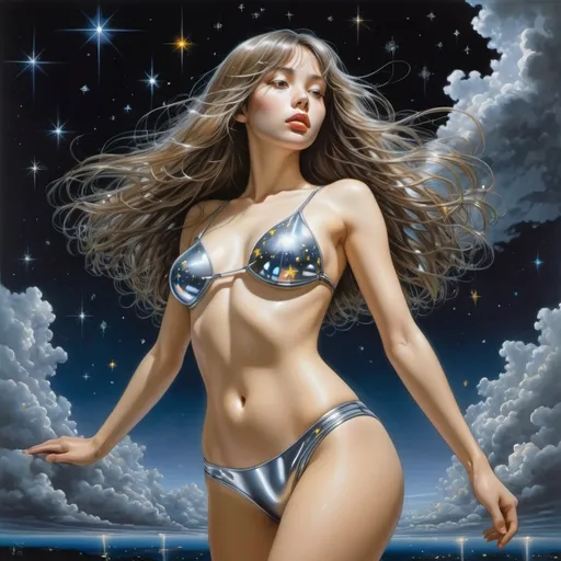 Prompt: Hajime Sorayama, Surrealism Mysterious strange fantasy. A beautiful girl with long brown hair, wearing only metallic swimming trunks and a perfectly voluminous body.  floating across the night sky among gray clouds. night sky with colorful bright stars. detailed masterpiece