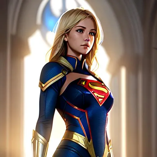 Prompt: "gorgeous, aged 23, female Kryptonian, Kara zor-el cousin of superman, blonde hair, house of el Kryptonian supergirl outfit, attractive Detailed Render eyecandy Breathtaking 8k Greg Rutkowski Artgerm WLOP Alphonse Mucha dynamic lighting hyperdetailed intricately, volumetric lighting, unreal engine 5, insane detail, ultra realistic, frostbite 3 engine, cryengine, 