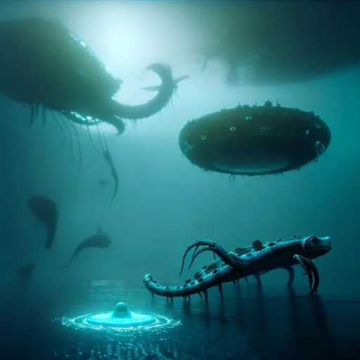 Prompt: swimming in the vast watery plane, surrounded by huge kraken shadow in the deep ocean, eerie deep gravitational lensing in the fog, Rainfall,  mechanical machine on the grid, while someone are inventing a mini blackbox power source