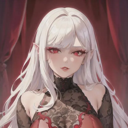 Prompt: (masterpiece, illustration, best quality:1.2), short curly white hair, demonic like red eyes, wearing red silky nightgown, best quality face, best quality, best quality skin, best quality eyes, best quality lips, ultra-detailed eyes, ultra-detailed hair, ultra-detailed, illustration, colorful, soft glow, 1 girl