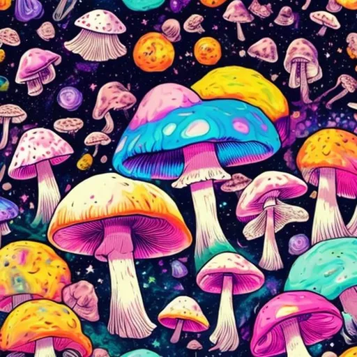 Prompt: Mushrooms in outer space in the style of Lisa frank