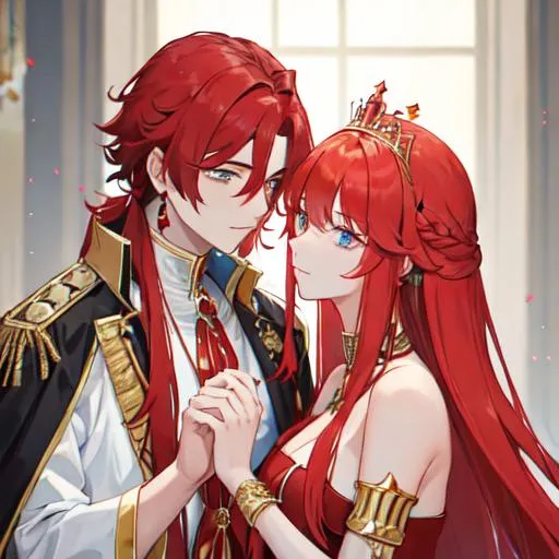 Prompt: Zerif king 1male (Red side-swept hair covering his right eye) holding Haley's hand kissing it, royalty, king and queen