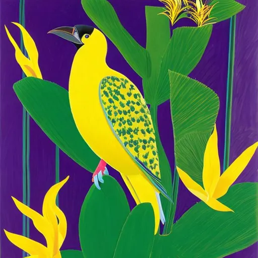 Prompt: Yellow bird-of-paradise David Hockney