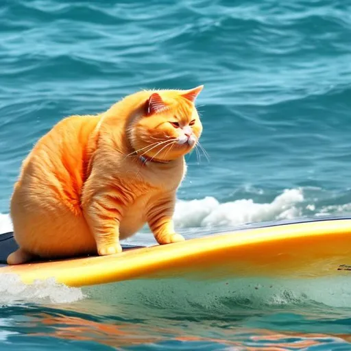 Prompt: Fat orange cat on a surfboard in the ocean