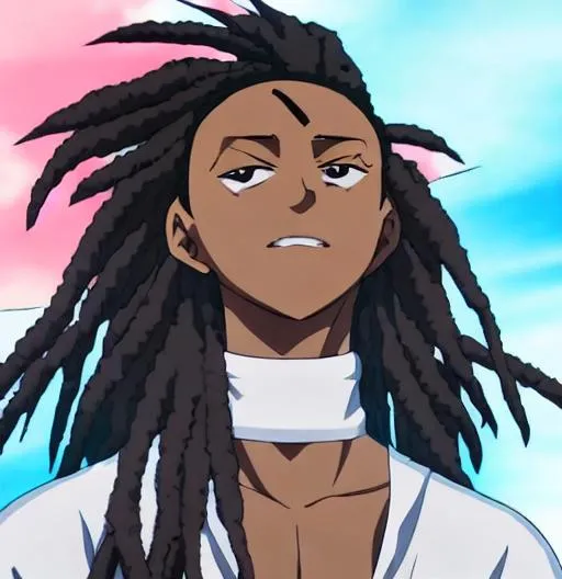 a drawing of an dark skin person with a black dreadlocks and a white shirt,  wearing black hoodie with an yin Yang logo on it, halfbody portrait, tyler  jacobson style, anime character -