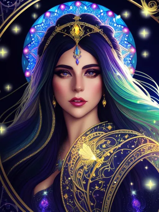 Prompt: Art nouveau, 3/4 view of Lady Gaga, ((intricate long flowing 
 hair)), (filigree hair decoration), stained glass halo, sparkling veils, ethereal, luminous, fireflies, forest background, glowing, nebula, celestial, trails of light, sparkles, 3D lighting, celestial, gold filigree, soft light, vaporwave, fantasy