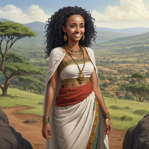 Prompt: Full body, Fantasy illustration of a Ethiopian woman, 26 years old, amused expression, traditional garment, curly black hair, high quality, rpg-fantasy, detailed, Ethiopian landscape background