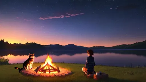 Prompt: illustration by Makoto Shinkai, Link resting at campfire by lake, Cat companion, night sky, atmospheric, hyper realistic, 8k, epic composition, cinematic, octane render, 16K resolution, 4k detailed post processing, artstation, focus, no blur