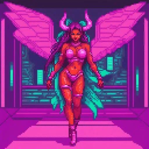 Prompt: a beautiful female demon in a dynamic pose in a retro futuristic synthwave cyberpunk neon paradise.  neon lighting, high quality, beautiful, masterpiece, artistic, synthwave, cyber, retro, futuristic